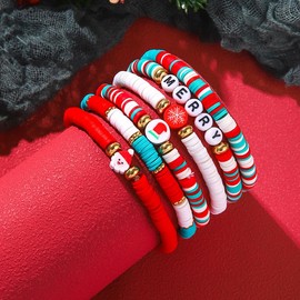 Christmas Polymer Clay Beaded Stackable Bracelets Set for Women Cute Santa Claus Snowflakes Bell Xmas Tree Heishi Surfer Stretch Beads Bracelets Holiday Festive Christmas Party Jewelry Gifts-Set F