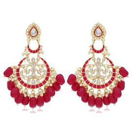 BBRATS Amazing Pearl Gold Plated Brass Red Kundan Meenakari Chandbali Earring for Women