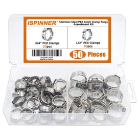 ISPINNER 50pcs 2 Sizes Stainless Steel PEX Cinch Clamp Rings Assortment Kit for PEX Tubing Pipe Fitting Connections (30pcs 1/2" + 20pcs 3/4")