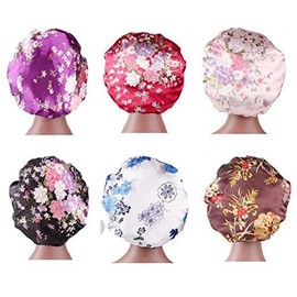6 Pieces Large Printed Satin Bonnet Sleep Caps Soft Elastic Wide Band Satin Sleeping Cap & Hat Head Cover for Women Hair Loss, Natural Curly Hair Braids (Printed 6pack)