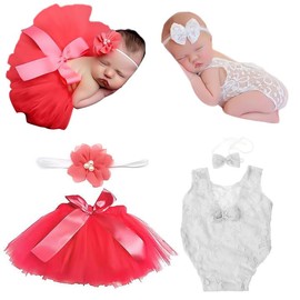 4 PCS Newborn Photography Props Outfits-BabyTutu Skirt Cute Bow Headdress and Lace Rompers Flower Headband Sets for Infants Girl Boy Red