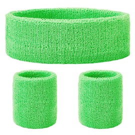 GORGECRAFT 3Pcs Neon Sports Headband Wristband Set Sports Competitions Sweatbands Breathable Terry Cloth Athletic Bands Wicking Sweat Absorbing Head Wrist Band for Men Women (Lime Green)