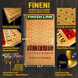FINENI Horse Racing Game for Adults, Horse Race Board Game with 11 Luxurious Metal Horses (Gold, Silver, Black, Rose Gold), 22” Beech Wood Horse Race Game Board, Dice & Golden Card Included (Beech)
