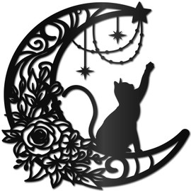 CREATCABIN Black Cat Moon Metal Wall Art Decor Iron Wall Art Black Hollow Rose Sculpture Hanging Decor Rustic Metal Cat Wall Decor Sign for Cats Lover Indoor Outside Living Room Home 12 x 12Inch