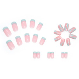 IMSOHOT Short Press on Nails Square French Tips Fake Nails Blue Pink Wave False Nails Glossy Glue on Nails Full Cover Cute Spring Summer Acrylic Nails for Women Girls