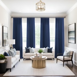 Navy Blue Curtains 96 Inches Long for Boys Room 2 Panel Set Rod Pocket Draperies Linen Cotton Canvas Textured Light Filtering Semi Sheer Dark Blue Curtain for Living Room Dining Patio Door 8 Feet Tall