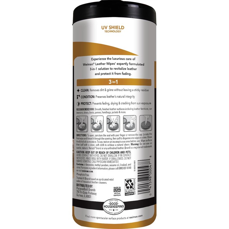 Weiman Leather Cleaner Wipes - Clean Condition UV Protection Help