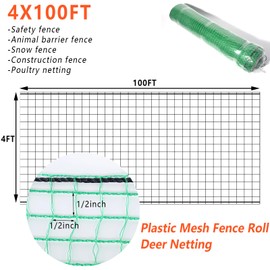 4'x100' Temporary Fence, Garden Fencing Plastic Mesh Fence, Safety Fence, Snow Fence, Construction Fence, Animal Barrier for Dog, Deer, Chicken, Poultry, Deer, Rabbit, Green