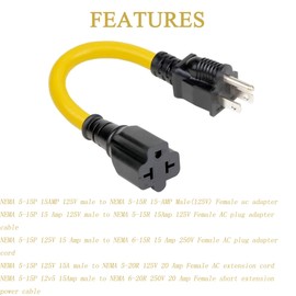 12AWG Heavy Duty Extender 15 Amp AC Plug to 20 Amp Adapter Cable 5-15P to 5-20R 5-15P to 6-15R 5-15P to 6-20R 4 in 1 AC 1FT Adapter 15A 125V to 20A 250V 15A 125V to 20A 250V Adapter Cable