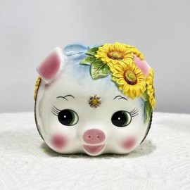 FORLONG Ceramic Piggy Bank for Girl，Coin Bank，Money Box,Hand-Painted Flower Pig Design (Sunflower, Small)