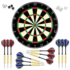 LinkVisions Sisal/Bristle Dartboard with Staple-Free Bullseye and 12 Steeltip Darts Plus Strong Aluminium Shaft, 17.8" 1.5", Moundting Kits Included