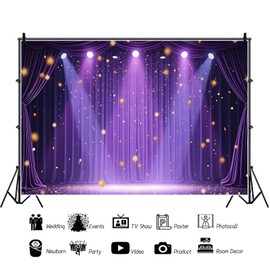 Ttincceer 7x5ft Stage Spotlight Backdrop Music Concert Show Festivals Carnival Photogaphy Background Purple Curtains Gold Stars Night Band Live Decorations Banner Studio Photo Prop