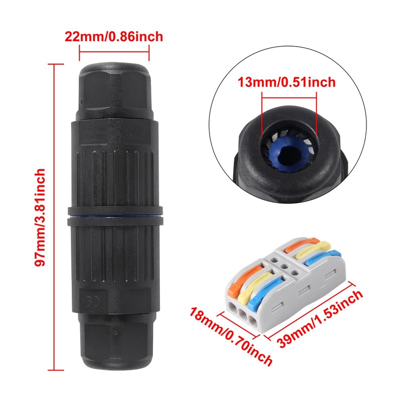 5Pcs Waterproof Cable Connector 3 Pin Wire Connector 3 Way