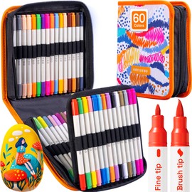 ARTISTRO Dual Tip Acrylic Paint Markers - Easy for All Ages & Levels Acrylic Paint Pens for Fabric, Rocks, Paper, Wood, Canvas, Glass, DIY (Dual Tip Brush + Fine, 60)