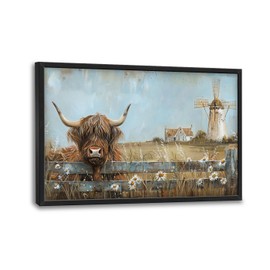 Lovira Farmhouse Scottish Highland Cow Extra Large Wall Art Rustic Country Farm Ranch Gaint Big Canvas Wall Decor Pictures Prints Painting Framed Artwork for Guest Living Room Bedroom Office 24"x36"