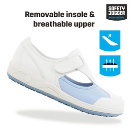 SAFETY JOGGER Oxypas Women's Work Shoes - CAMILLE - Lightweight, Comfortable Safety Shoes with Velcro Fastening, Ideal for Care, Kitchen or Indoor Use, Non-Slip, White Blue