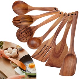 Wooden Kitchen Utensil Set, Wooden Spoons for Cooking, Wooden Utensil Set with Hanging Hooks, Comfort Grip Wooden Cooking Utensils, Wooden Spoons of 7pcs, Nonstick Wooden Utensil Set