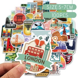 100 Pieces World Attractions Travel Map City Famous Countries of the World Vintage Stickers for Skateboard, Laptop, Luggage, Guitar, Fridge