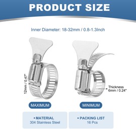 PATIKIL 1" Stainless Steel Hose Clamp, 16 Pcs 18-32mm (0.8-1.3Inch) Adjustable Thumb Screw Key Type Clamps Worm Gear Hose Clamp for Dryer Vent Dust Collector Automotive, Silver Tone