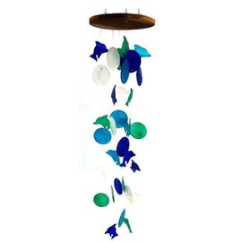 Barry Owens BV1118 Dolphin and Round Capiz Wind Chime, Blue, Green and White