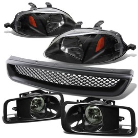 Auto Dynasty Compatible with Honda Civic Headlight (Black)+Bumper Fog Light (Smoke Lens)+Grille 6th Generation EJ EM EK D16Facelifted
