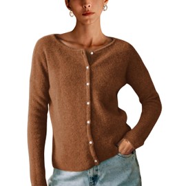 Lviefent Women Knit Cardigans Lightweight Casual Crew Neck Button Down Long Sleeve Sweater Jumper Layer Top (Brown-M)
