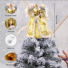 Yallmie 32 cm Christmas Angel Tree Topper, Christmas Tree Topper Angel Lights on Tree Topper Angel, Christmas Tree Topper Angel Fabric Christmas Tree Topper Angel for Christmas Tree Party Home