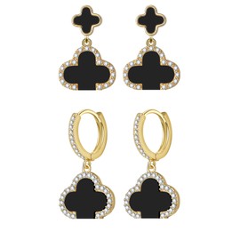 Feasnow Lucky Clover 18K Gold Plated Hoop Earrings Stud Jewelry Sets-Black White Red Fashion Cute Zircon Earrings for Women Bring Good Luck (G-Black Set)