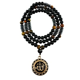 WishOne Alla Medallion Necklace, Stainless Steel Alla Jewelry,Arabic Pendant Necklace with Tiger Eye Stone Obsidian Hematite Triple Protection Crystal Beads Chain for Men Women