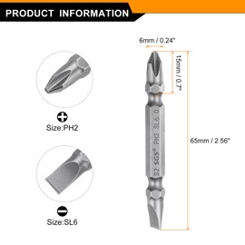 sourcing map 2pcs Magnetic Double Ended Screwdriver Bit 6mm PH2/SL6 2.56" Length 1/4" Hex Shank S2 Steel Phillips Cross Slotted Flat Screw Driver Bit