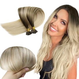 RUNATURE Keratin Hair Extensions Real Hair Blonde Balayage 40 cm Bonding Extensions Real Hair Hot Fusion Extensions Real Hair Bondings 1 g Colour #BA8/60 Balayage Brown Blonde Ombre 50 g 50 Strands