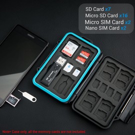JJC 27 Slots Portable Memory Card Case Holder Storage for 7 SD SDHC SDXC Card, 16 Micro SD TF Card, 2 Micro SIM Card and 2 Nano SIM Card with USB 3.0 Card Reader, Water-Resistant & Shockproof