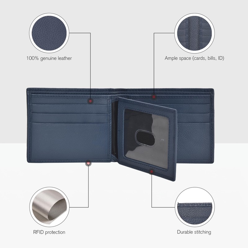 Large Capacity Blue Genuine Leather Bifold Wallet/Credit Card Holder for