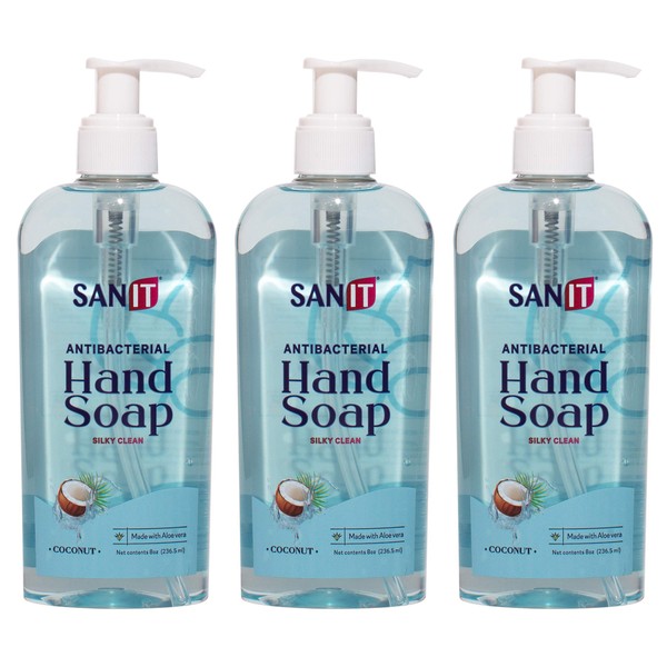 Sanit Silky Clean Antibacterial Liquid Gel Aromatic Hand Soap - Advanced Formula with Coconut Oil and Aloe Vera - Natural Moisturizing Hand Wash - Made in USA, Coconut, 8 oz, 3 Pack
