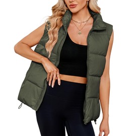 American Trends Oversized Puffy Vest for Women Sleeveless Down Puffer Vest Zipper Coats Puffer Jacket Pocket Outwear Army Green XL