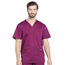 Cherokee Scrub Set For Men, V-Neck 3 Pocket Top WW670 with Modern Fit 7 Pocket Tapered Leg Pant WW140, Wine- M Top/L Tall Pant
