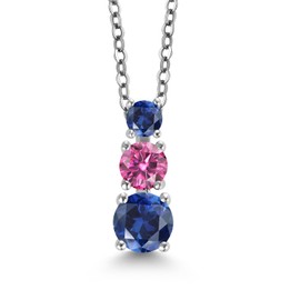 Gem Stone King Rhodium Plated 3 Stone Pendant for Women & Chain Created Sapphire Pink