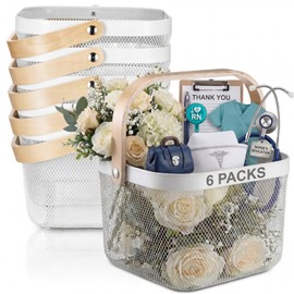 Roshtia White Metal Wire Storage Basket with Wooden Handle 9.65 x 9.65 x 7.09 Inch, Decorative Gift Basket for Wedding, Nurse Appreciation Week, Bathroom Kitchen Organizer, Farmhouse Storage Bin