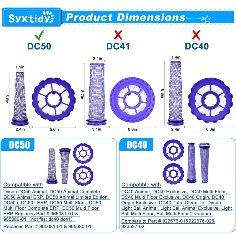 Syxtidy 2 Pack Replacement Hepa Post Filter & Washable Pre