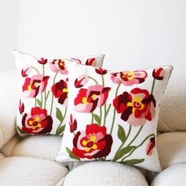 Leebright Floral Pillow Cover Boho Embroidered Pillow Covers for Couch Sofa Red Flowers Bohemian Pillow Covers Cotton Linen Botanical Plant Leaves 2PCS Pillowcase Covers 18x18 Inch