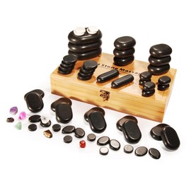 Master Massage 60-Piece Deluxe Hot Stone Set Including Basalt Volcano Rocks, Marble Cold Stones, and Chakra Balancing Tools - Ultimate All-in-One Package Kit for Hot Stone Massage Therapy