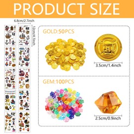 Seasboes 160 Pieces Pirate Treasure, Treasure Hunt Treasures for Pirates, Pirate Gemstones, Pirate Gold Coins, Stickers, Toys for Children, Pirate Party Bags for Children's Birthday Parties