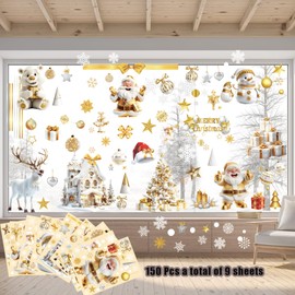150 Pcs A Total of 9 Sheets Christmas Window Stickers Christmas Decorations for Windows Double 3D Large Christmas Window Sticker with Santa Claus Snowman Reindeer Snowflakes for Windows Christmas