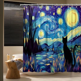 TQNNTQ Funny Starry Night Black Cat Shower Curtain Abstract Oil Painting Kitten Moon Stars Mountain Forest Modern Art Bath Curtain Fabric Bathroom Accessories Decor with Hooks 70W x70L