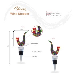 Cheers Rooster Glass Wine Stopper - Elegant Vacuum Seal Reusable Chicken Animal Farm Life Wine Bottle Stopper Airtight Leak Proof Bottle Topper Cork Plug, Cute Home Decor & Bar Tool Accessory Gift