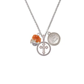 Delight Jewelry Hot Orange Hibiscus Flowers Spinner Silver-tone Give Thanks to God Cross Pendant Necklace, 23"