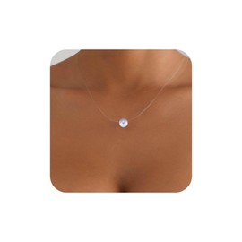Aneneiceera Vintage Pearl Pendant Necklace Silver Pearl Choker Necklace Tiny Solitary Necklace Transparent Invisible Chain Necklace Thin Fishing Line Necklace Chain Jewelry for Women (Pearl bead)