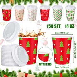 Funtery 150 Set Christmas Day Paper Cups with Lids Disposable Paper Cups Christmas Hot Cocoa Party Supplies Paper Cups for Christmas Party Disposable Cups for Coffee Tea Beverage (12oz with Lids)