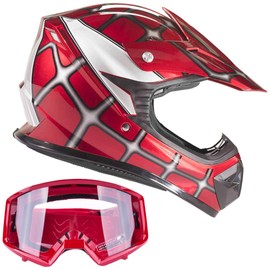 Typhoon Youth Off Road Helmet & Goggles DOT Motocross ATV Dirt Bike Motorcycle Red Web Graphics, X-Large