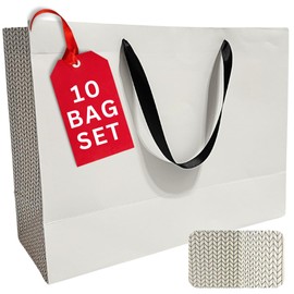 Faamilia Large Designer Luxury Gift Bags 16x12x6 Inches – Set of 10 Modern White & Chevron Design for Christmas Gift Bags, Reusable Grocery Bags, Travel Bags